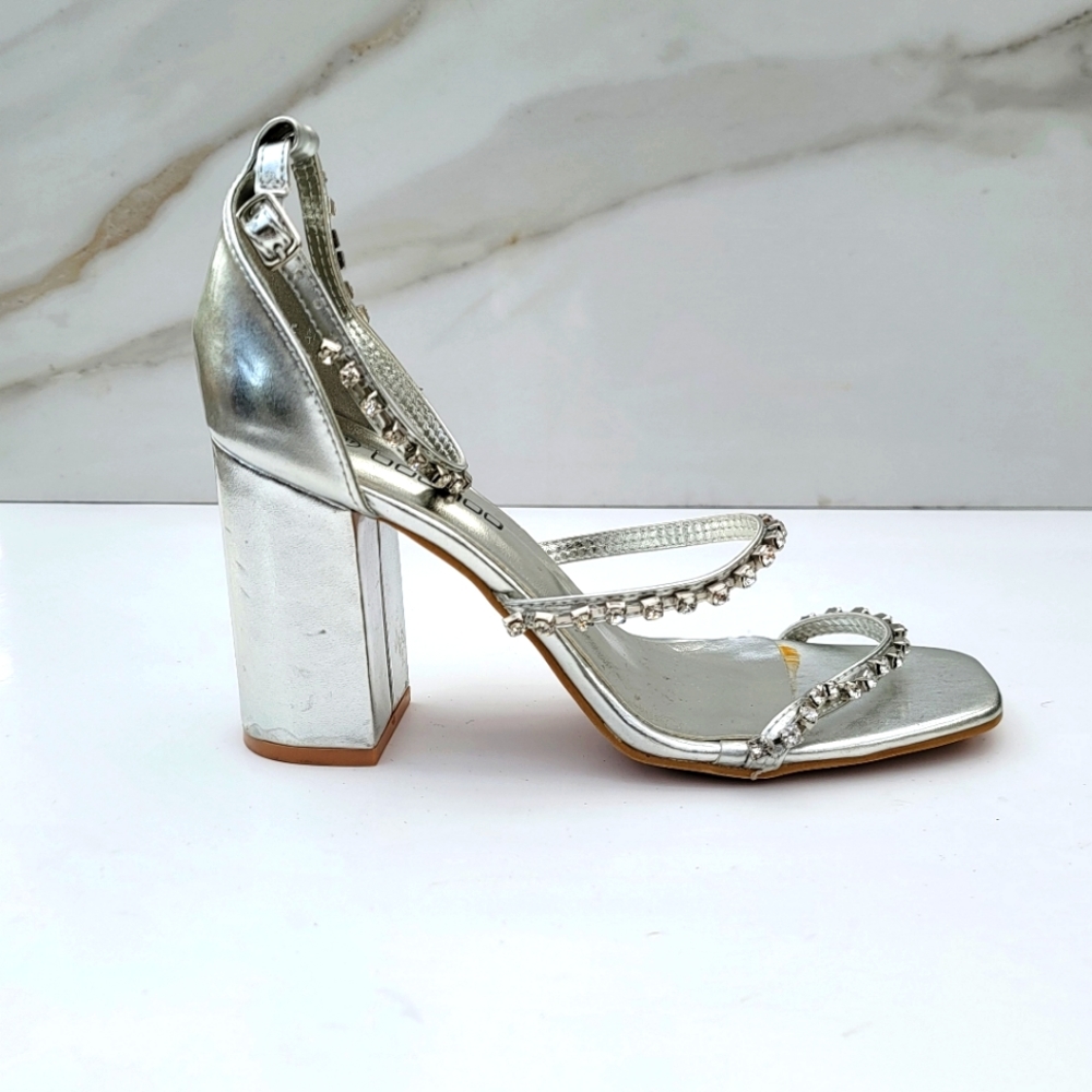 Boohoo | Silver Rhinestone Anklestrap Strappy Open toe block heel Size 37
